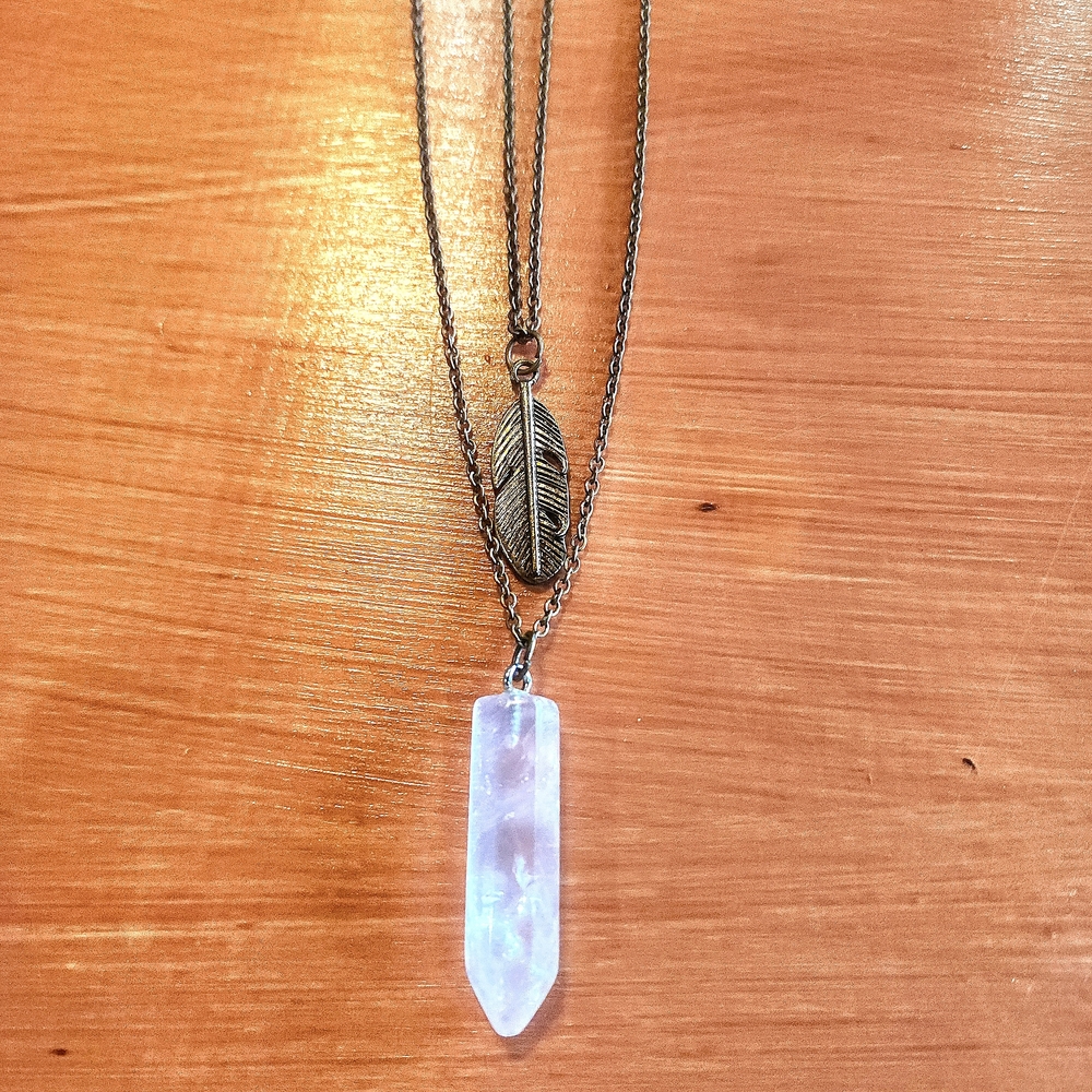 Clear Quartz And Feather Pendant Necklace